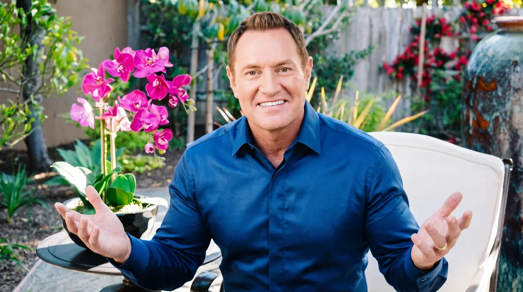 Darren Hardy on the DarrenDaily garden set, hands open